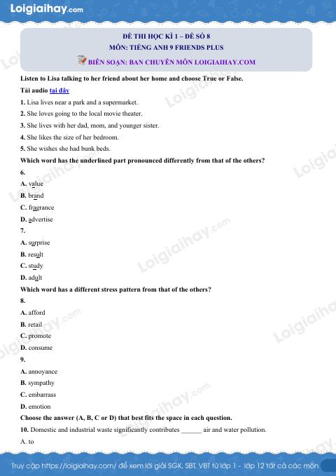 Đề thi học kì 1 Tiếng Anh 9 Friends Plus - Đề số 8